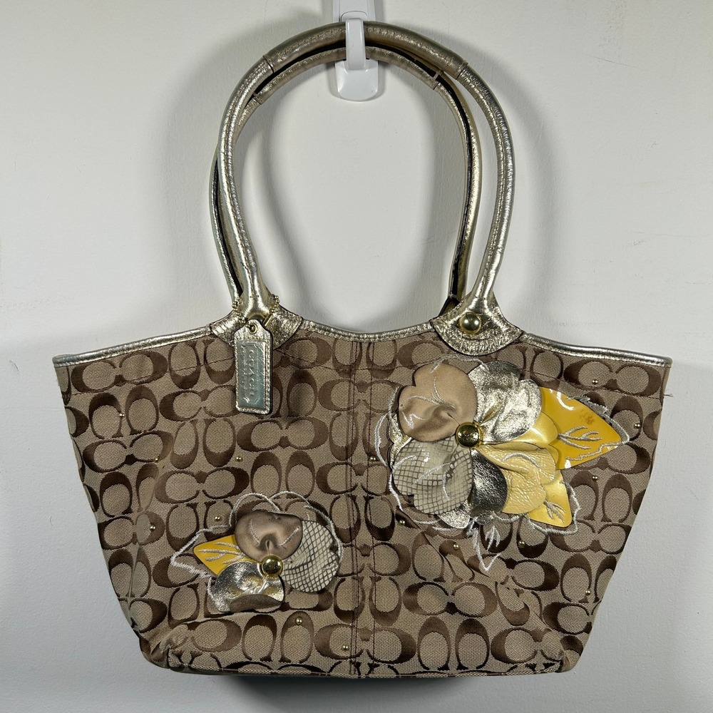 Coach Signature C Brown Canvas Floral Applique Tote Bag Metallic Gold Trim